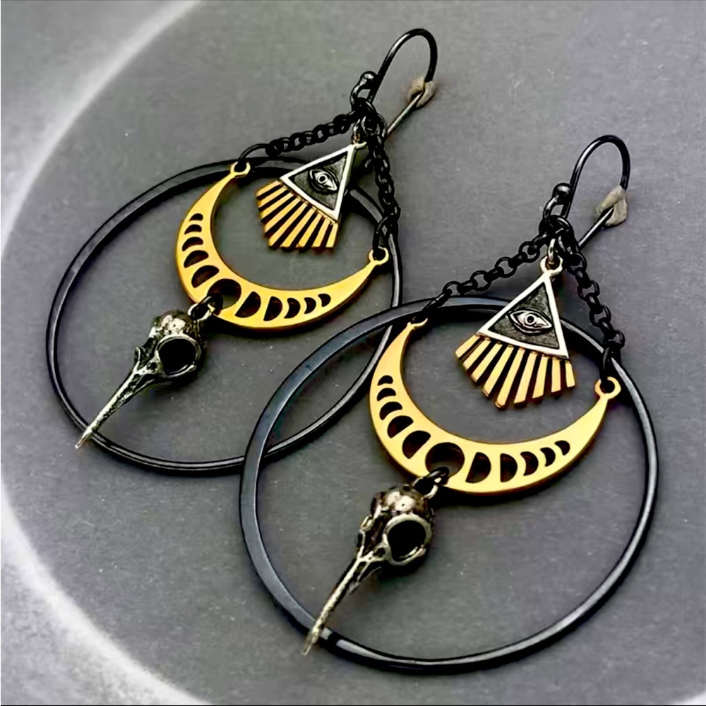 Vintage Moon Crow Evil Eye Big Hoop
